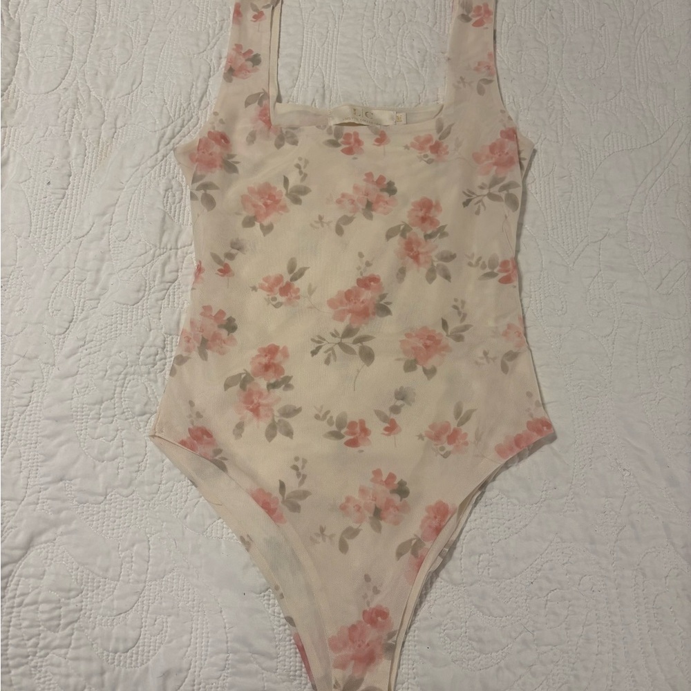 Lizette Collection mesh Floral Pink Cream One-Piece bodysuit size Medium